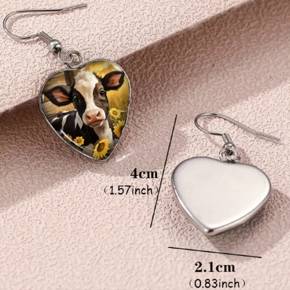 farm earrings Church Y2K Heart-Shaped Cow yellow Sunflower Dangle animal print - Picture 2 of 6